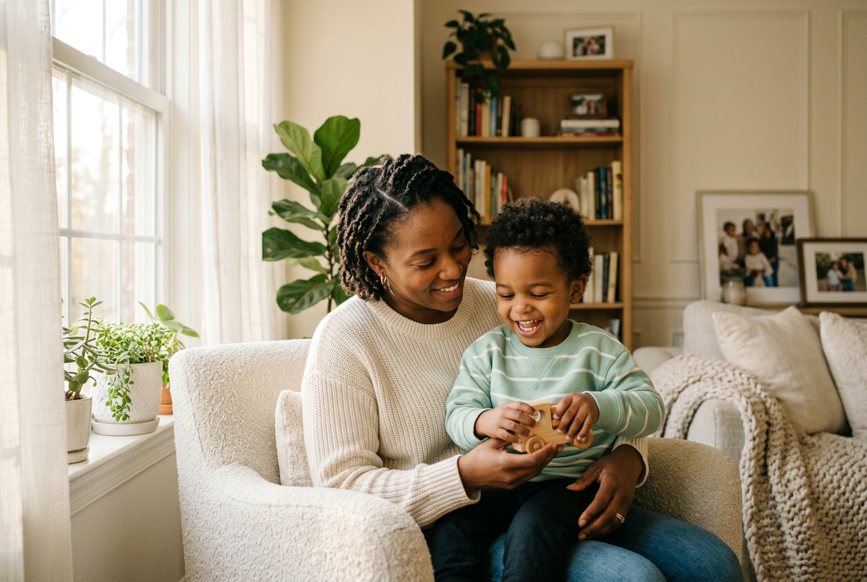A warm caregiver spending time with an older adult at home